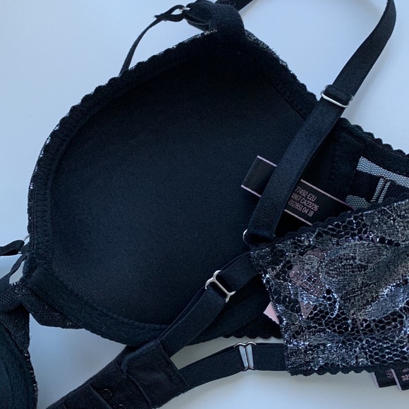 32B Small  2 Pc Set Very Sexy Push-Up Bra + thong panty black shimmer lace - Picture 3 of 8